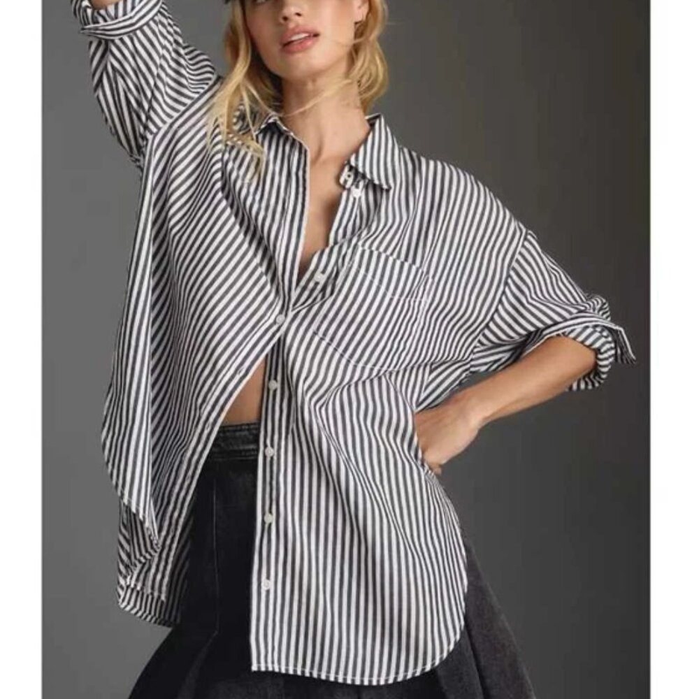 Anthropologie Maeve The Bennet Buttondown Shirt Anthracite Stripe Black L